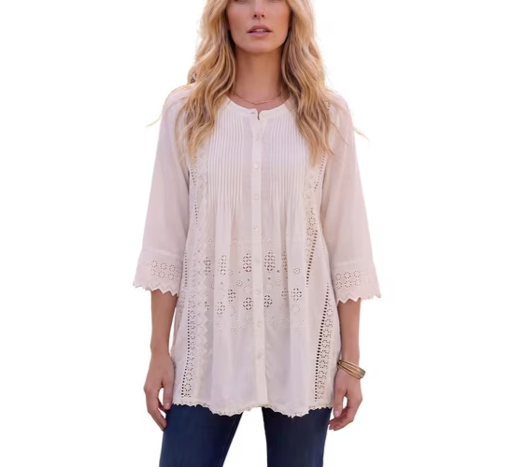 Roaman's White Eyelet Tunic Blouse 16W Plus Size Boho Cottagecore Rayon